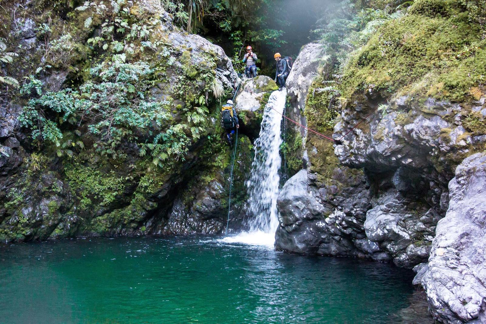 Abseiling into the final pool Chamberlain Creek - although some jumped.