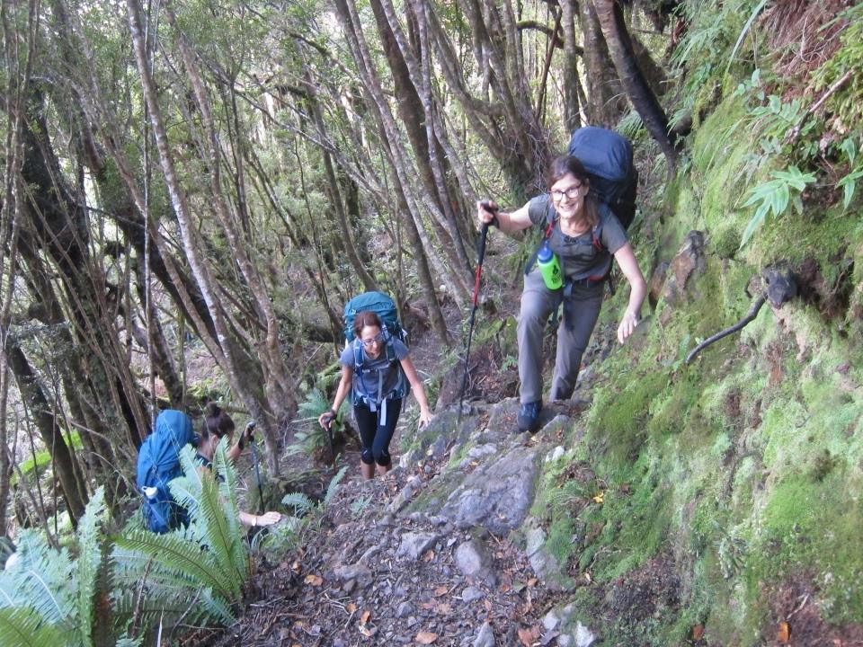 Three people walking uphill