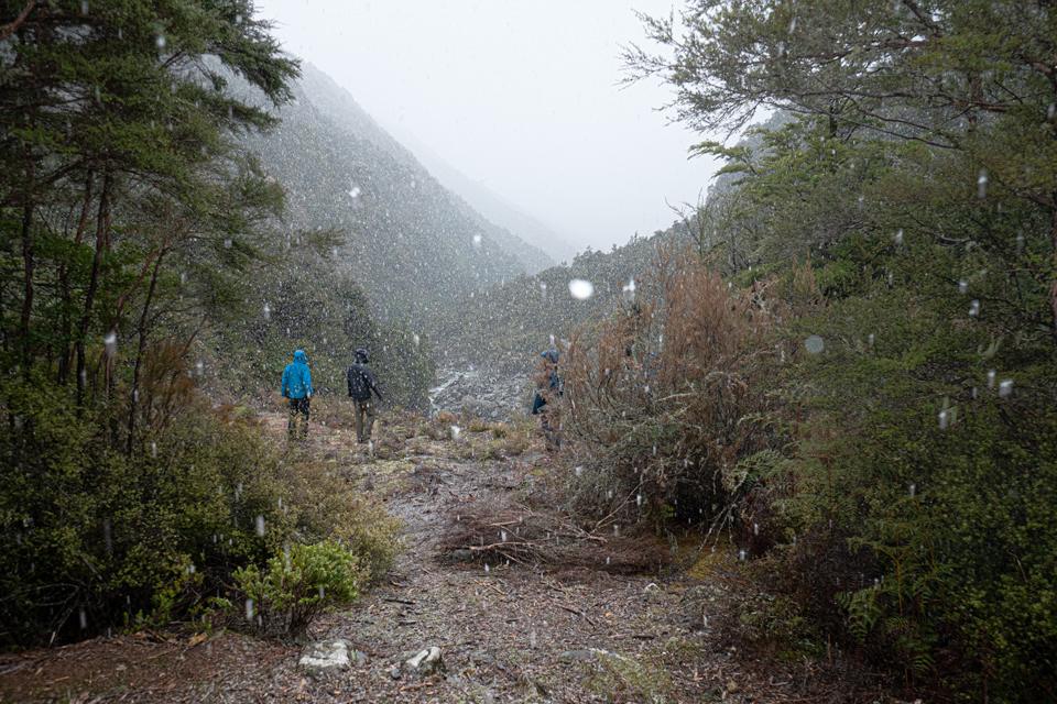 The rain at Gosling Hut turns to snow