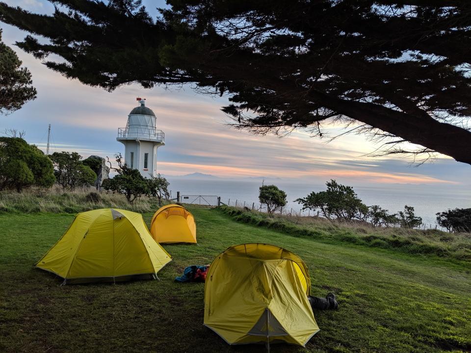 Tents next to Baring Head Lighthouse