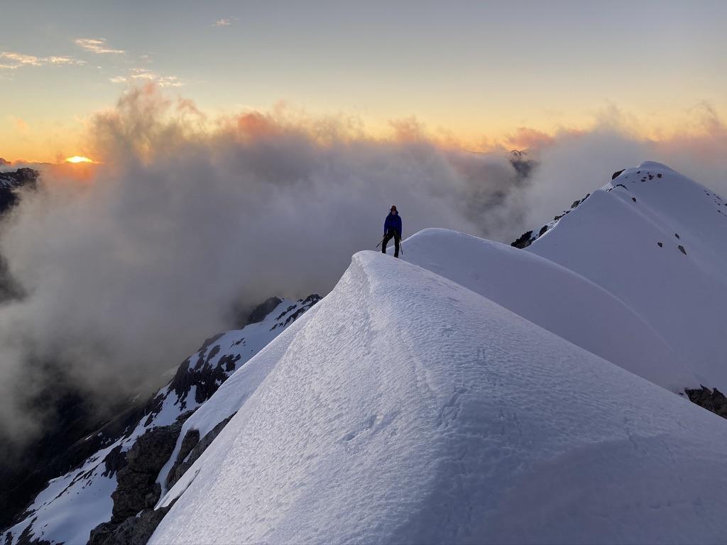 Elisabet sticking to the less steep Crow Valley side of the ridge at dawn