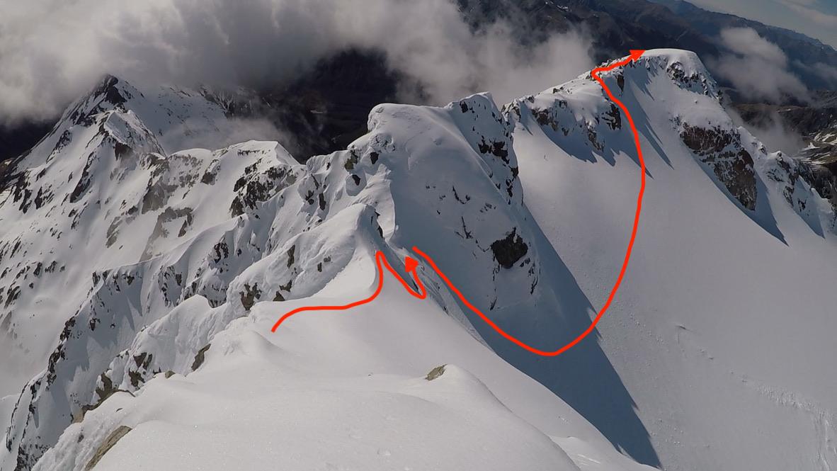 The descent route, down to the traverse, and then an icy climb back down into the glacier between Mid and High Peak