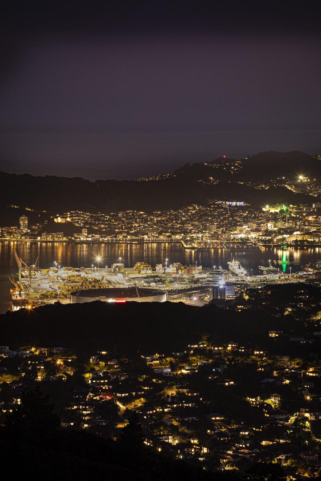 View of Wellington City from the summit of Kaukau at night.
