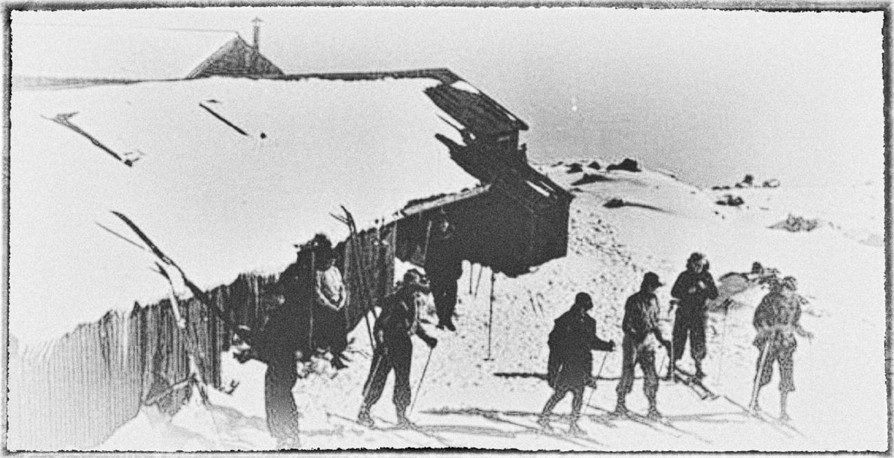 Getting hired skis at Salt Hut Mt Ruapehu 1948