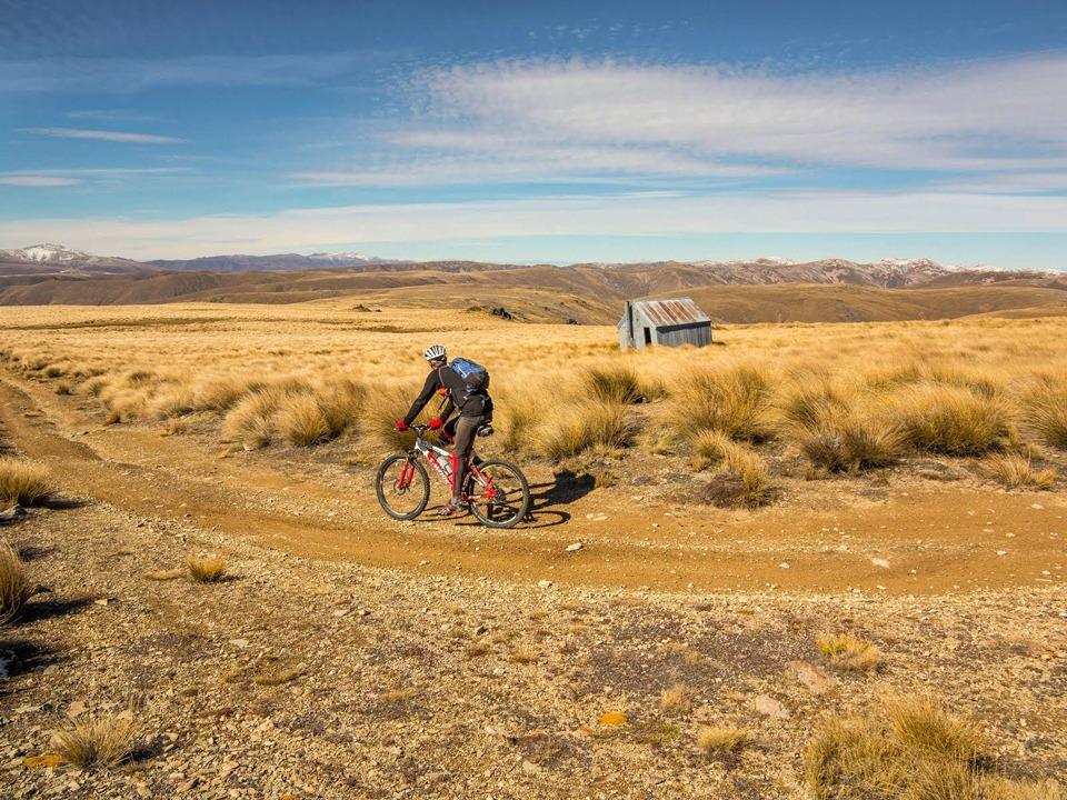 Mountain biking past an old musterers' hut, Hawkdun Range, Otago
