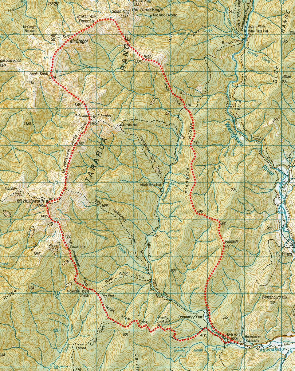 Topographical map showing route along Broken Axe Pinnacles