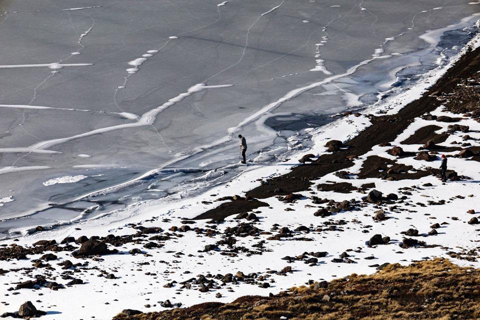 A frozen Blue Lake on Mt Tongariro