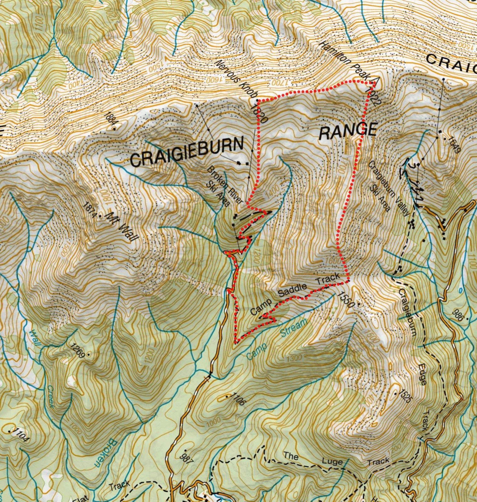 Route map for hike to Nervous Knob and Hamilton Peak