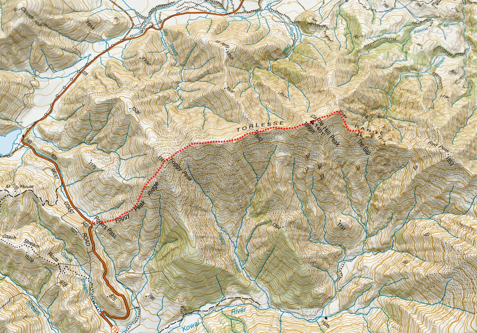 Route map guide for a hike to 'The Gap' on the Torlesse