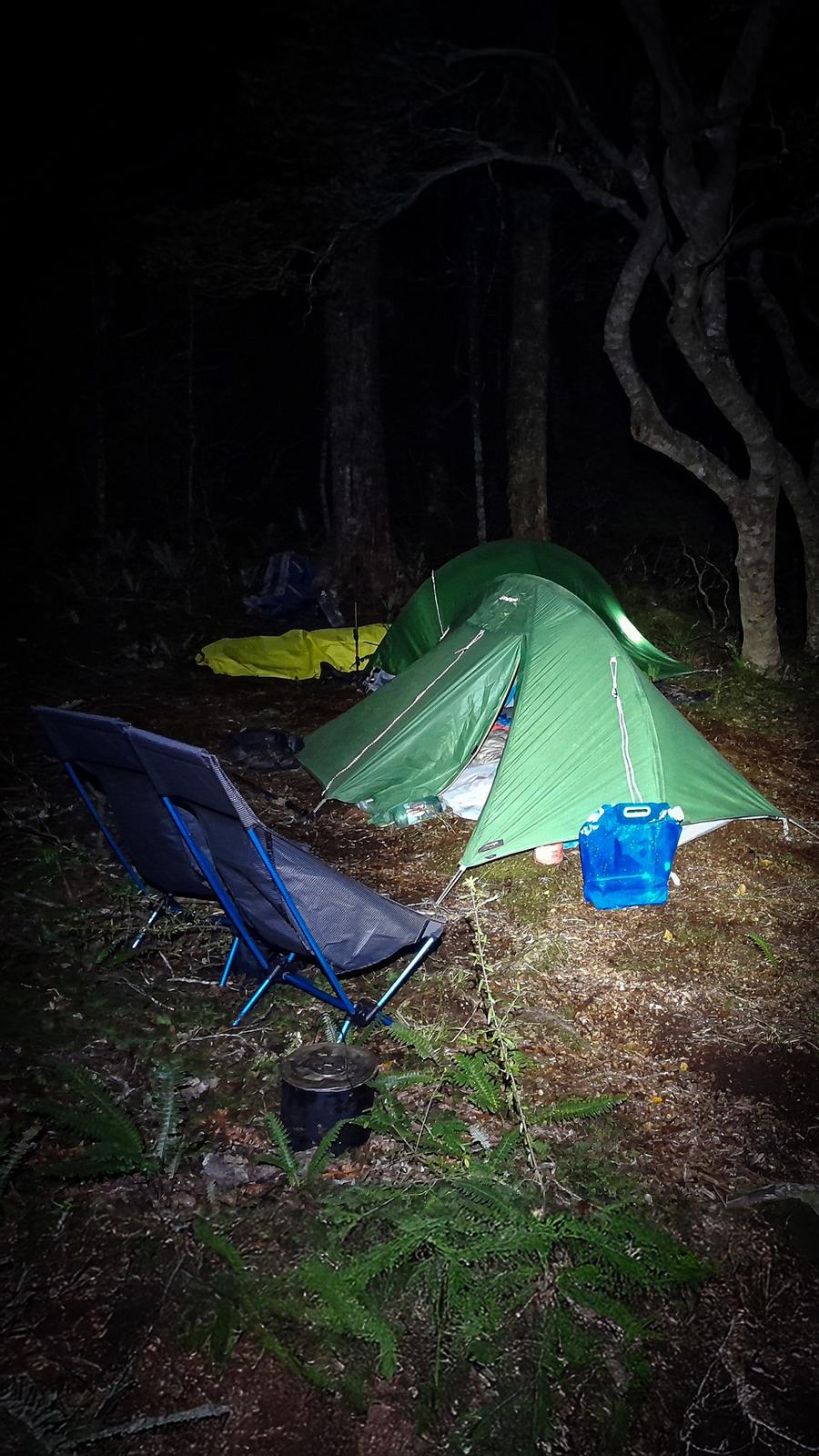Tents, bivvy bag, and lounge chairs - all the creature comforts at the Broken Axe Pinnacles campsite