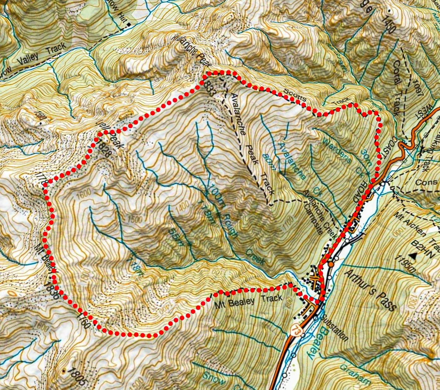 Map of route along ridge from Avalanche Peak to Mt Bealey