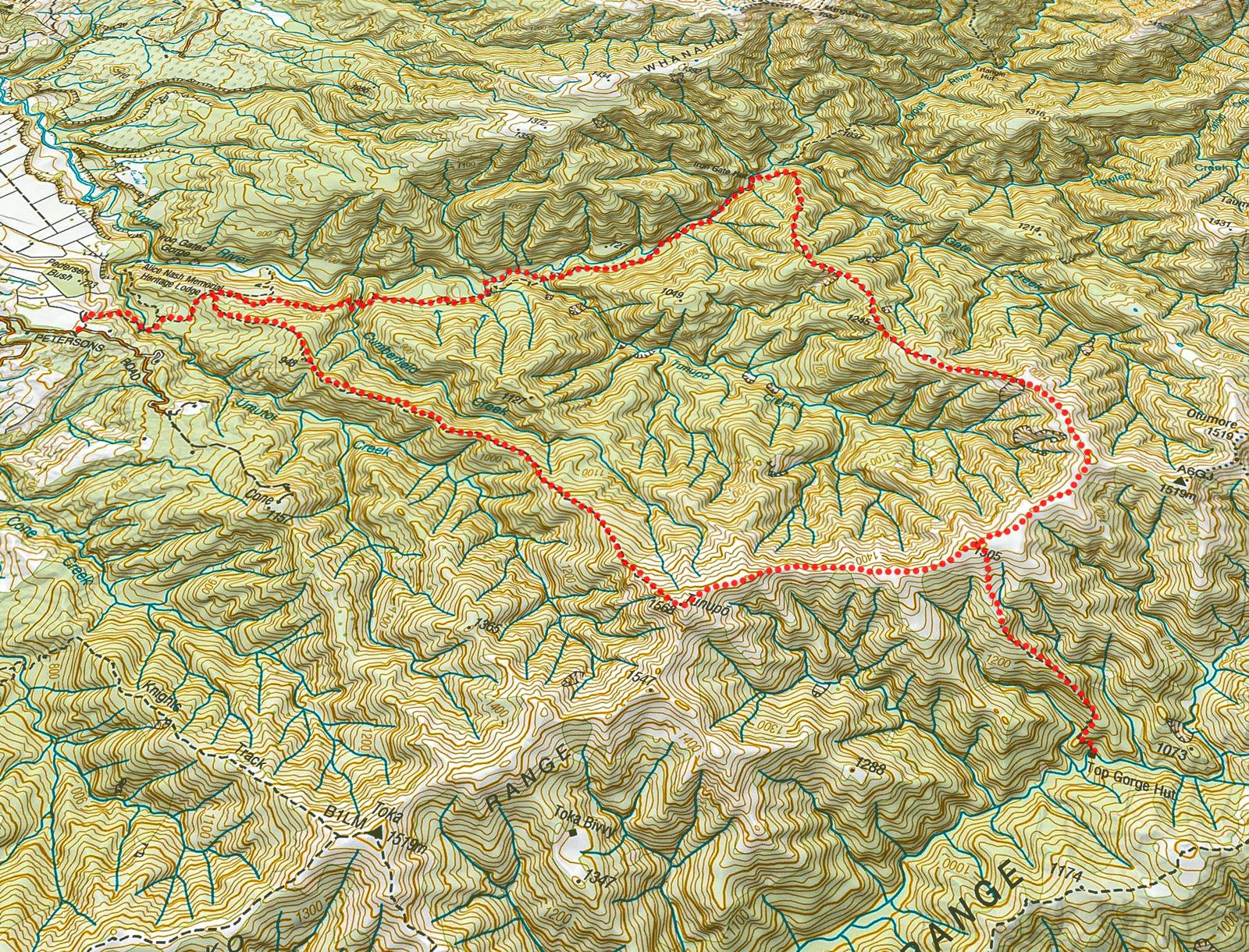 Map of hiking route to Arcus Dam then along the ridge to Otaki Forks