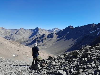 Matt at Alma Col (2,139m) looking toward Aoraki/Mt Cook and Mt Sibbald in the distance