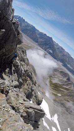 Henry carefully treads along a narrow ‘catwalk’ at what was probably the crux of the whole ridge