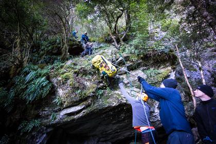 The awkward step at the end of the ledge through the Bulmer Bluffs