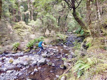 Rock hopping across side streams feeding into Oamaru River.