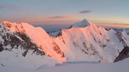 Sunrise over Mt Tasman, taken from near the top of the Linda Shelf