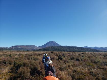 Just after setting off, Ruapehu, Ngaruhoe in background.