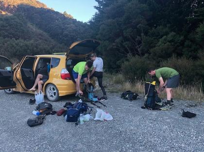 The team prepare their gear at Putara Road end