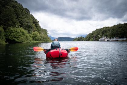 Aimee demonstrating unusual paddling technique with a pack onboard- but it worked