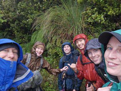 Team selfie half-way up the track to Pouakai Hut