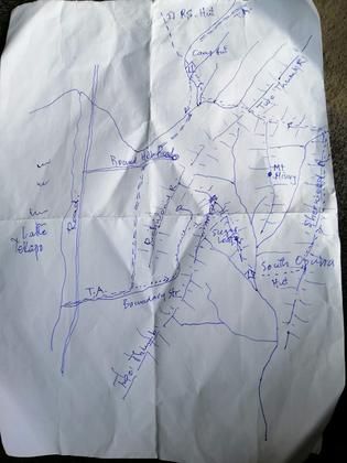 Tony’s sketch map of the area – luckily we did also manage to get our hands on a topo map. Photo credit: Aimee