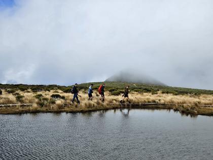 Some of the group at Pouakai tarns, sadly with no reflection of Mt Taranaki!