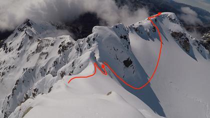 The descent route, down to the traverse, and then an icy climb back down into the glacier between Mid and High Peak