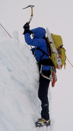 Elisabet climbing through a crux section of our route