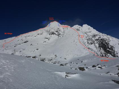 The route we took up the NE Ridge and down the SE Ridge of Single Cone. The cruxes of each ridge lie very near the summit.