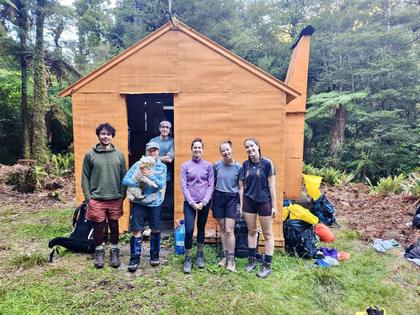 Mid Waiohine hut with Tawera, Sara, Sophie, Calum, Chrys, Brianna and Georgia (Credit: Josh M)