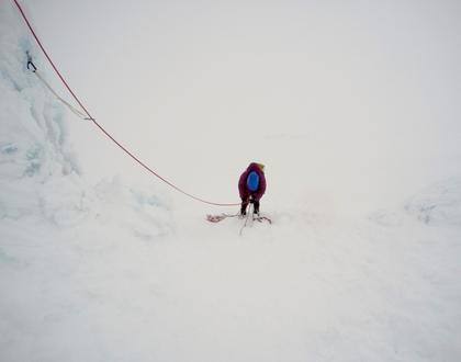 Elisabet in her favourite pastime – a freezing cold belay stance