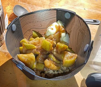 Flambéed Apple Crumble and mascarpone for dessert (Photo credit: Emily)