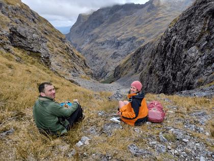 Pete and Emily looking down the descent into the Hut Creek valley.