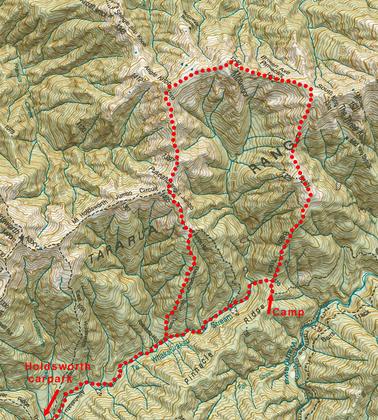 Map of route over the Broken Axe Pinnacles