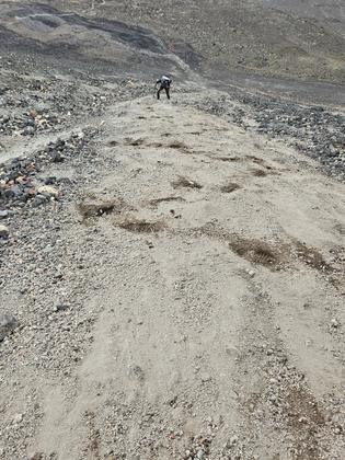 Zig zag steps through the scree going up Mt Ngāuruhoe, with Rayan in background! (Credit: Sara)