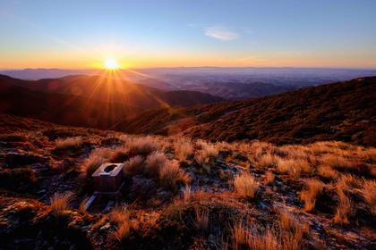 Outside toilet in Ruahine Ranges at sunrise