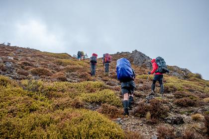 Plodding up to Maungaorangi in the rain. Photo credit: Ian.