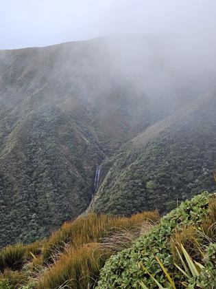 Waterfall coming down off Mt Pukematawai and clag starting to come in