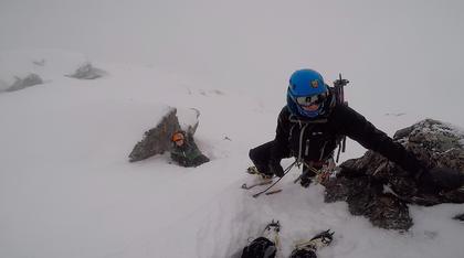 Decision time, just before the crux of the NE Ridge of Single Cone. We opted not to go for ropes in the conditions.