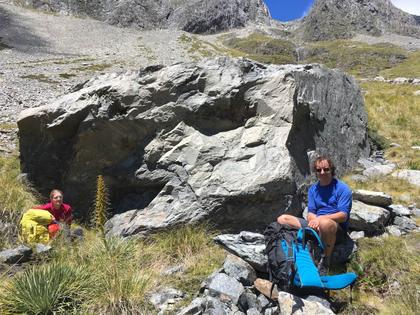 A quick rest break after descending the scree of the Summit Creek route on Mt Travers