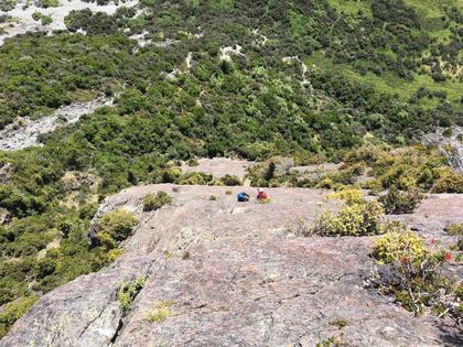 Looking down Red Arete to Lucy and Nick hanging at an anchor