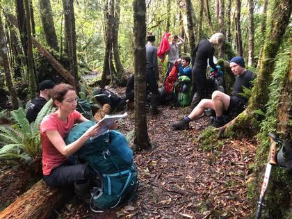 Trampers sitting on side of track