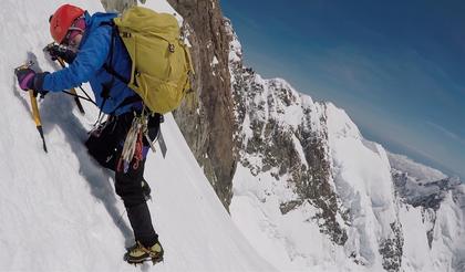 Elisabet down climbs the couloir at the top of the Linda Shelf, back to the bergschrund ledge below (and yes we did a thorough tightening of her crampons immediately after this photo!)