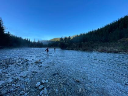 Crossing the chilly Top Valley Stream at the very start of the trip. (Photo credit: Emily).