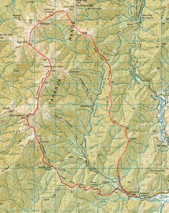 Topographical map showing route along Broken Axe Pinnacles