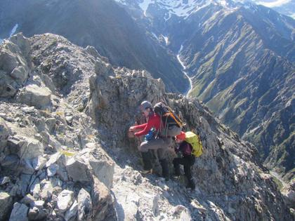 Nick H and Elisabet inching up the shattered rock on the upper section of Sebastapol ridge (credit Henry)