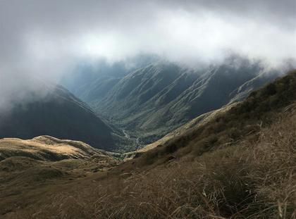Looking over towards Cattle Ridge from above Dundas Hut, as we ascended into the morning cloud