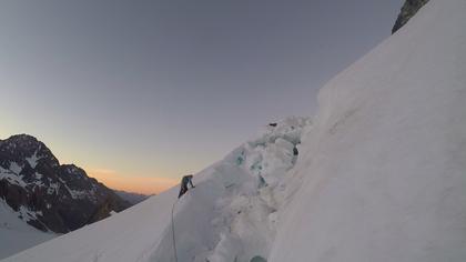 Elisabet preparing to cross the bergschrund on Mt Green’s South ridge – rookie error – find a route the day before your early start!
