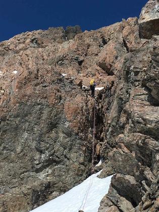 Elisabet completing the second abseil on the South West ridge